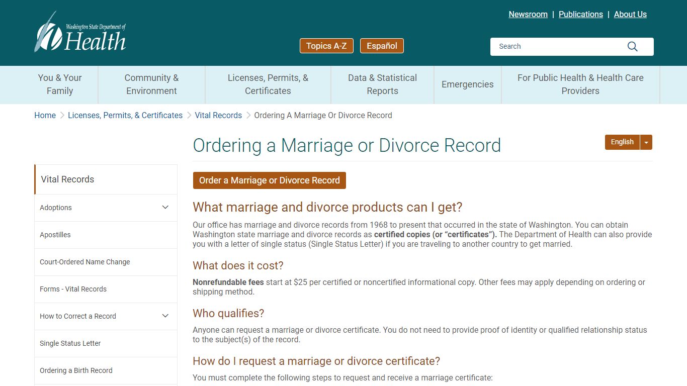 Ordering a Marriage or Divorce Record | Washington State Department of ...